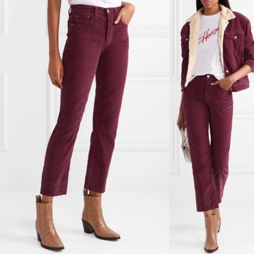 Re/Done Originals High Rise Button Fly Corduroy Cropped Pants, Size 25, Burgandy
